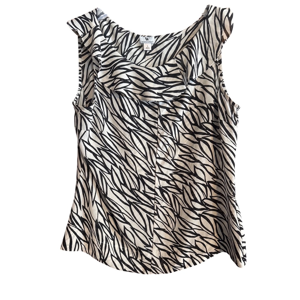 Worthington Womens Black White Zebra Print Sleeveless Ruffle Blouse Top Size L